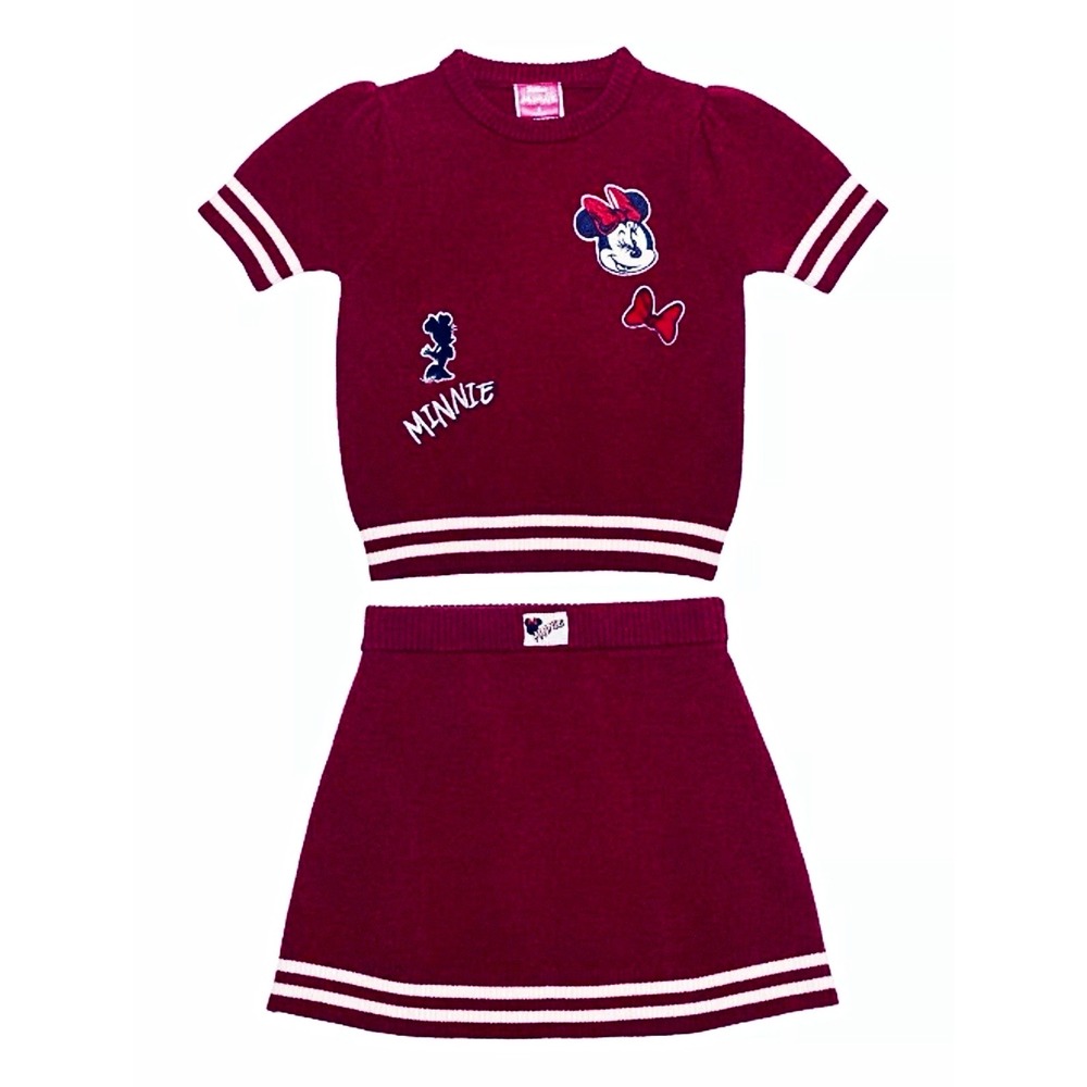 NEW Disney Minnie Mouse Short Sleeve Sweater & Varsity Skirt Set Burgundy Size 5